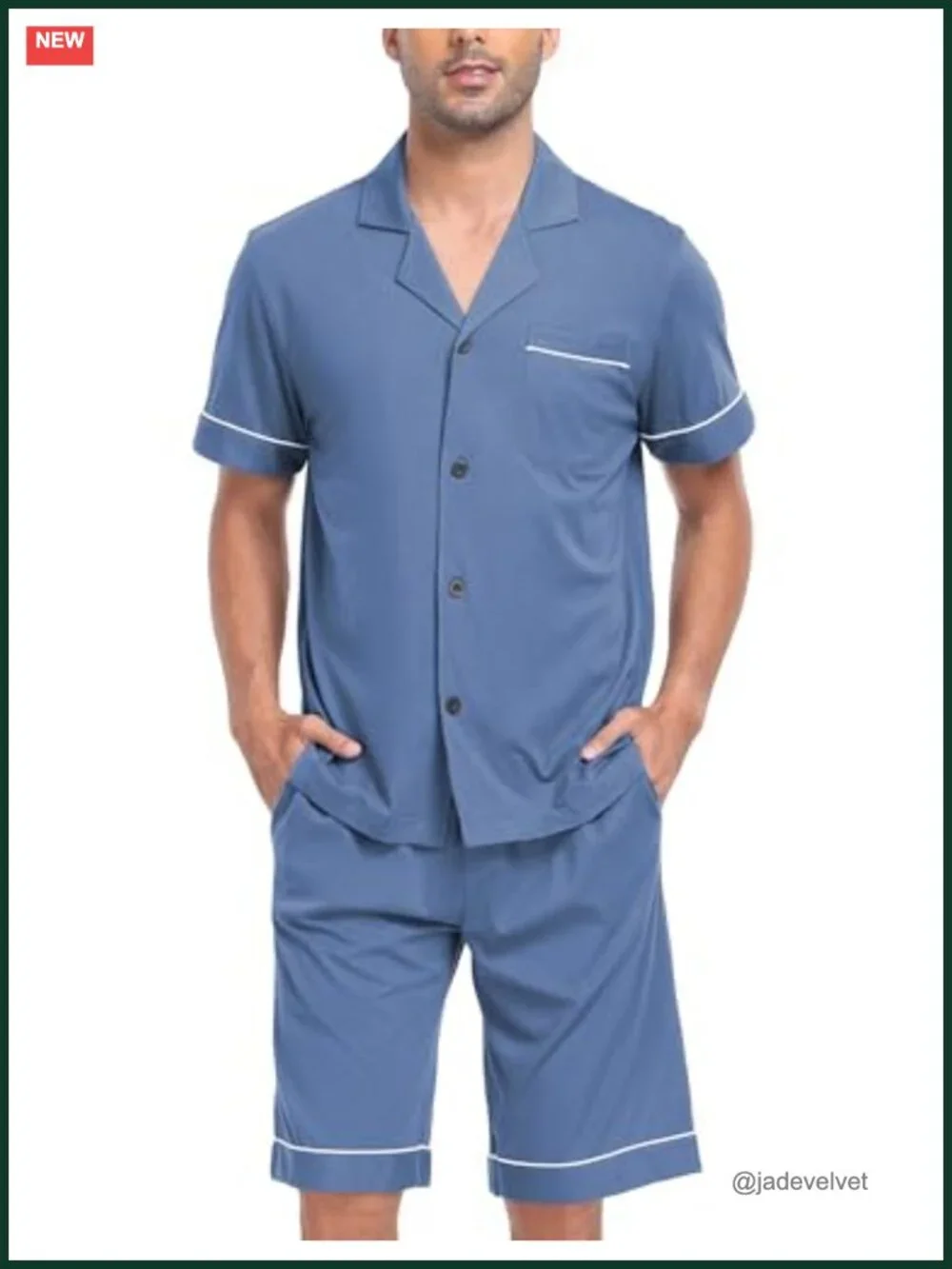 Men's 100% Cotton Short Sleeve Pajama Set Notched Collar Sleepwear with Pockets